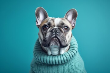 Conceptual portrait photography of a funny bulldog wearing a jumper against a teal blue background. With generative AI technology