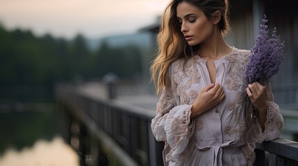 Naklejka premium Model on a rustic bridge, showcasing a jacket with embroidered lavender flowers, harmonizing with nature