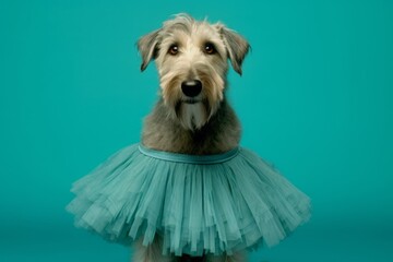 Environmental portrait photography of a funny irish wolfhound dog wearing a tutu skirt against a teal blue background. With generative AI technology