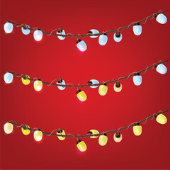 3d Christmas Decorative Shining Garland Set Cartoon Style Hanging Cartoon Style New Year Element Xmas Holiday Design Concept on a Red. Vector illustration