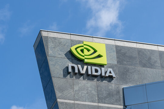 Close up of Nvidia logo and sign on the building at the headquarters in Santa Clara, California, USA - June 11, 2023. Nvidia Corporation is an American multinational technology company.