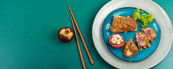Tuna steak with mangosteens.