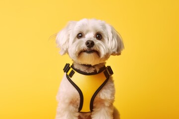 Conceptual portrait photography of a cute havanese dog wearing a harness against a pastel yellow background. With generative AI technology