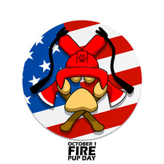 Paw icon wearing firefighter hat with a pair of axe and a pair of fire extinguishers in circle American flag frame, with bold text on white background to commemorate National Fire Pup Day on October 1