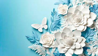 Delicate Collection of White Paper Flowers and Butterflies on a Light Blue Background