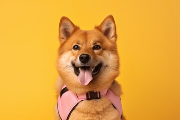 Lifestyle portrait photography of a cute finnish spitz wearing a paw protector against a pastel yellow background. With generative AI technology