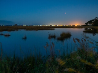 Lunar eclipse over marsh landscape in Mount Pleasant, South Carolina.