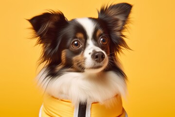 Fototapeta premium Lifestyle portrait photography of a funny papillon dog wearing a cooling vest against a pastel yellow background. With generative AI technology