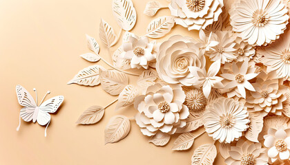 White and beige Floral and Butterfly Background in Soft and Dreamy Style