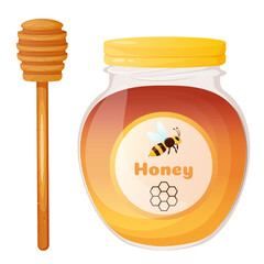 Glass jar of honey with spoon