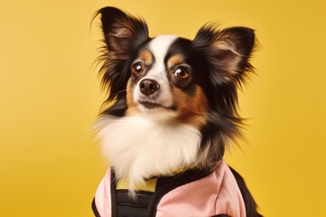 Lifestyle portrait photography of a funny papillon dog wearing a cooling vest against a pastel yellow background. With generative AI technology
