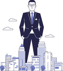 Huge businessman standing among the buildings of the metropolis. Illustration of success and power.