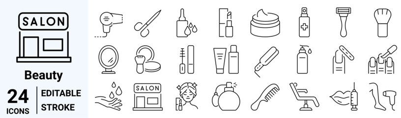 set of 24 line web icons related cosmetics. Spa treatments, beauty. Laser hair Collection of Outline Icons. Vector illustration.