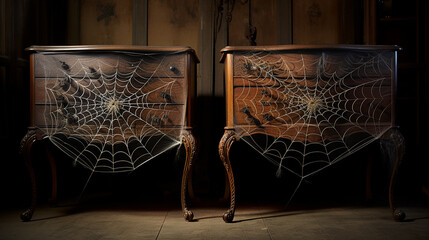Teias de aranha em móveis antigos, dia das bruxas  - obrazy, fototapety, plakaty