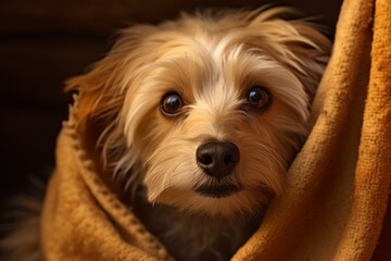 Close-up portrait photography of a smiling lowchen dog wearing a thermal blanket against a rustic brown background. With generative AI technology