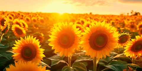 sunflower field where farmers harvest sunflower heads full of seeds. Generative AI