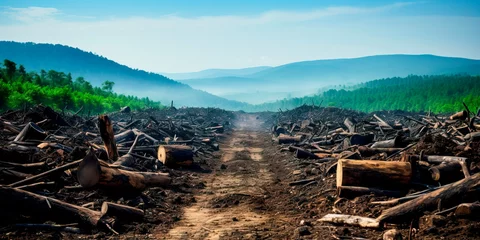 Fotobehang deforested hillside with eroded soil, leading to landslides and habitat loss. Generative AI © Лилия Захарчук