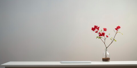 Minimalistic office desk with a laptop and one flower on the table. Generative AI