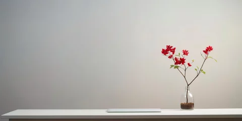 Fotobehang Minimalistic office desk with a laptop and one flower on the table. Generative AI © Лилия Захарчук