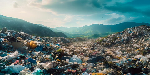 sprawling landfill site overflowing with mountains of discarded plastic waste, highlighting the issue of plastic pollution. Generative AI - obrazy, fototapety, plakaty