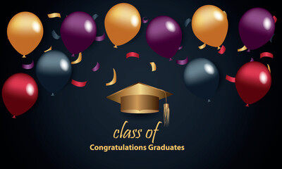 Obraz premium Congratulations on your graduation from school. Class of 2023. Graduation cap, confetti and balloons. Congratulatory banner. Academy of Education School of Learning