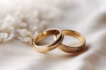 Obraz na płótnie Canvas Wedding rings, close-up on a light background with flowers.postcard or invitation to a celebration. 