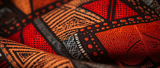 Afrykańska tkanina - chitenge, kitenge. Wzorzysty materiał w odcieniach pomarańczu i czerwieni.  - obrazy, fototapety, plakaty