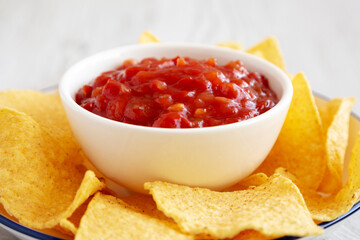 Homemade Salsa and Tortilla Chips on a Plate, side view. Close-up.
