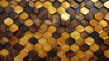 3D Wallpaper in the form of imitation of decorative mosaic of wood colored details and gold decor. High quality seamless realistic texture