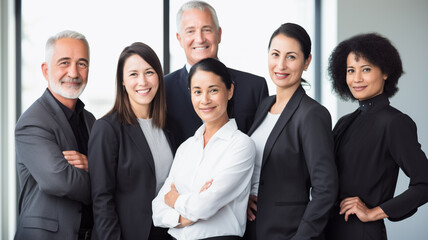 Smiling group of ethnically diverse businessmen and businesswomen. Successful mix race man leading businesspeople team stand at office. 
