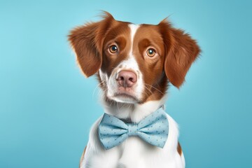 Conceptual portrait photography of a cute brittany dog wearing a cute bow tie against a soft blue background. With generative AI technology