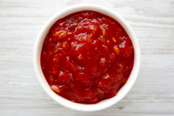 Homemade Mexican Salsa in a Bowl, top view. Flat lay, overhead, from above.