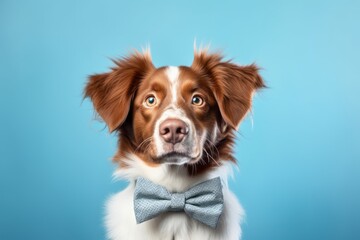 Conceptual portrait photography of a cute brittany dog wearing a cute bow tie against a soft blue background. With generative AI technology