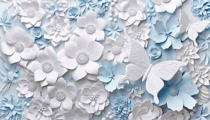 Delicate Collection of White Paper Flowers and Butterflies on a Light Blue Background