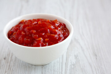 Homemade Mexican Salsa in a Bowl, side view. Copy space.