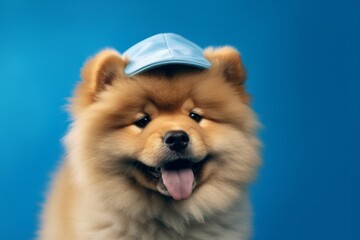 Lifestyle portrait photography of a cute chow chow dog wearing a visor against a soft blue background. With generative AI technology - Powered by Adobe