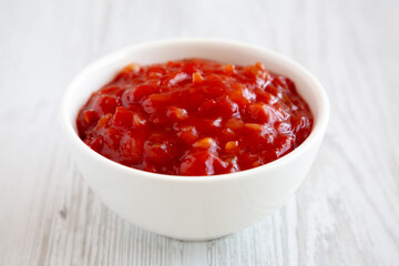 Homemade Mexican Salsa in a Bowl, side view.