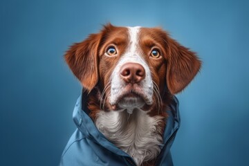 Close-up portrait photography of a cute brittany dog wearing a therapeutic coat against a soft blue background. With generative AI technology - obrazy, fototapety, plakaty