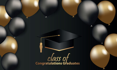 Congratulations on your graduation from school. Class of 2023. Graduation cap, confetti and balloons. Congratulatory banner. Academy of Education School of Learning