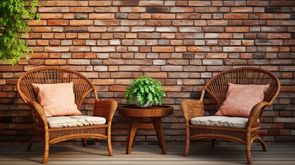 Fototapeta na wymiar Cadeiras de vime e mesa de centro ao ar livre ao lado da parede de tijolos vermelhos