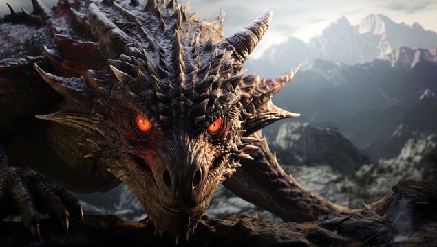 Dragon with orange eyes looking at you, scary fierce face close-up of fantasy beast. Dragon energy, beautiful dragon.