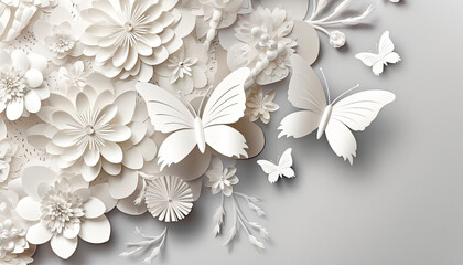 White Paper Flower and Butterfly Wall Decoration in Monochrome,floral background