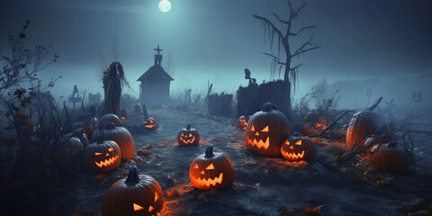 A dark Halloween night with a spooky pumpkin lantern, eerie forest, and a misty cemetery......