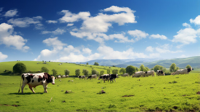 a herd of cows graze in a green meadow.