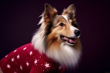 Medium shot portrait photography of a smiling shetland sheepdog wearing a festive sweater against a rich maroon background. With generative AI technology