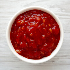 Homemade Mexican Salsa in a Bowl, top view. Flat lay, overhead, from above.