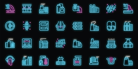 Steel Plant icons set outline vector. Power pipe. Work product neon color on black