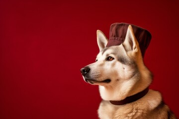 Photography in the style of pensive portraiture of a happy norwegian elkhound wearing a chef hat against a rich maroon background. With generative AI technology