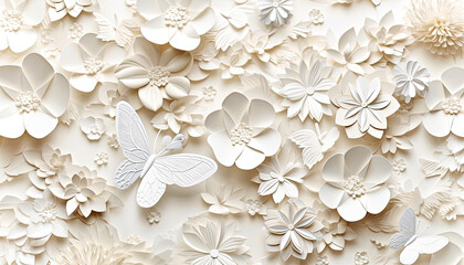 White Paper Flower and Butterfly Wall Decoration in Monochrome,floral background