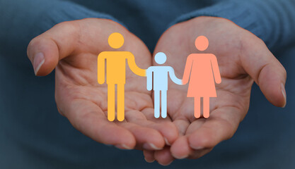 Hand holding family love care and protect, family mental health, health and house insurance, family life, happy mother father and children, mother day, father day concept